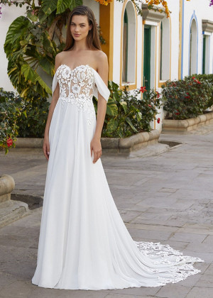 Off Shoulder Ivory Lace Chiffon Airy Wedding Dress
